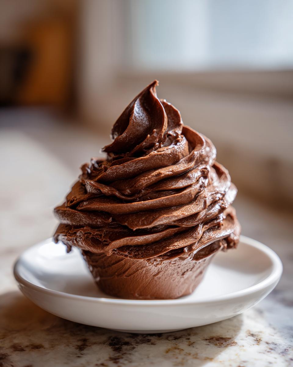 A close-up of a cupcake generously topped with rich, dark chocolate frosting piped into a tall swirl.