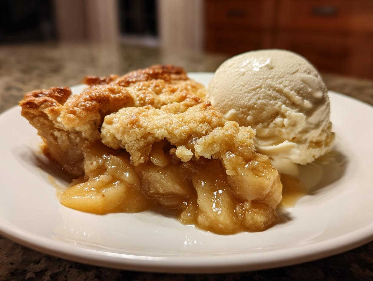 A close-up of a warm slice of apple cobbler with a crumbly topping served next to a scoop of vanilla ice cream.