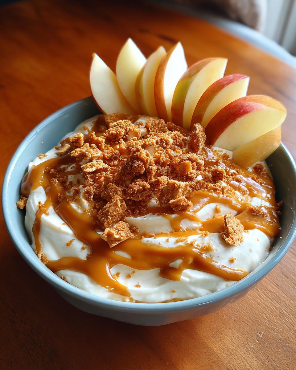 Close-up of a creamy apple dip topped with caramel, cookie crumbles, and fresh apple slices.