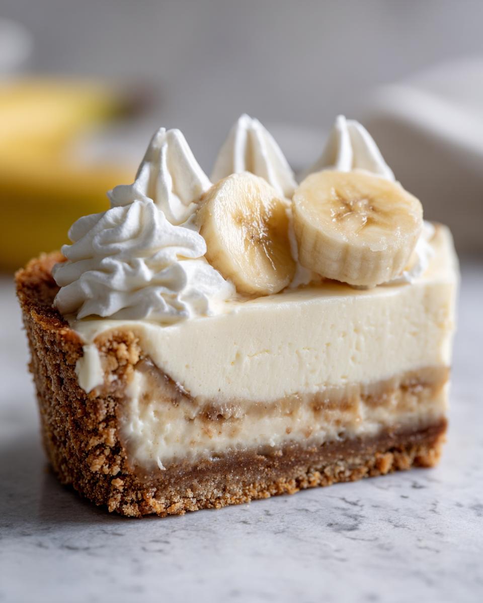 A close-up of a slice of amazing banana cream cheesecake with graham cracker crust, cream filling, and banana slices.