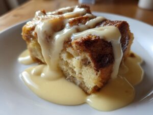 A close-up of a square slice of warm bread pudding topped generously with creamy vanilla sauce.