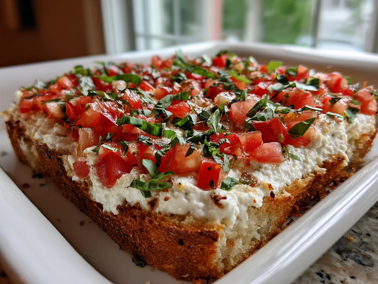 A close-up of baked bruschetta dip featuring a creamy white layer topped with diced tomatoes and fresh basil.