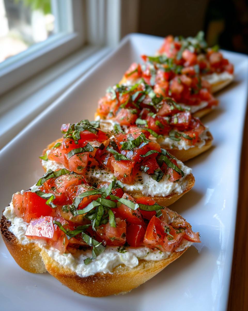 Four pieces of toasted bread topped with creamy cheese and fresh tomato basil topping, resembling bruschetta dip.