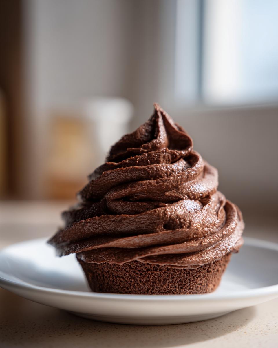A close-up of a chocolate cupcake topped with a tall swirl of rich, dark chocolate frosting.