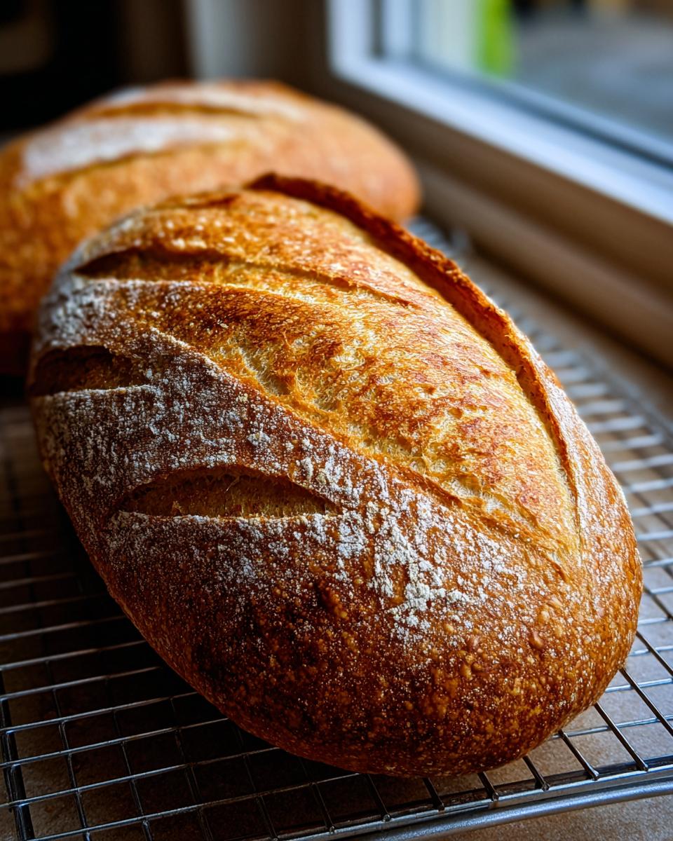 Close-up of a golden brown, scored loaf of homemade french bread cooling on a wire rack indoors.