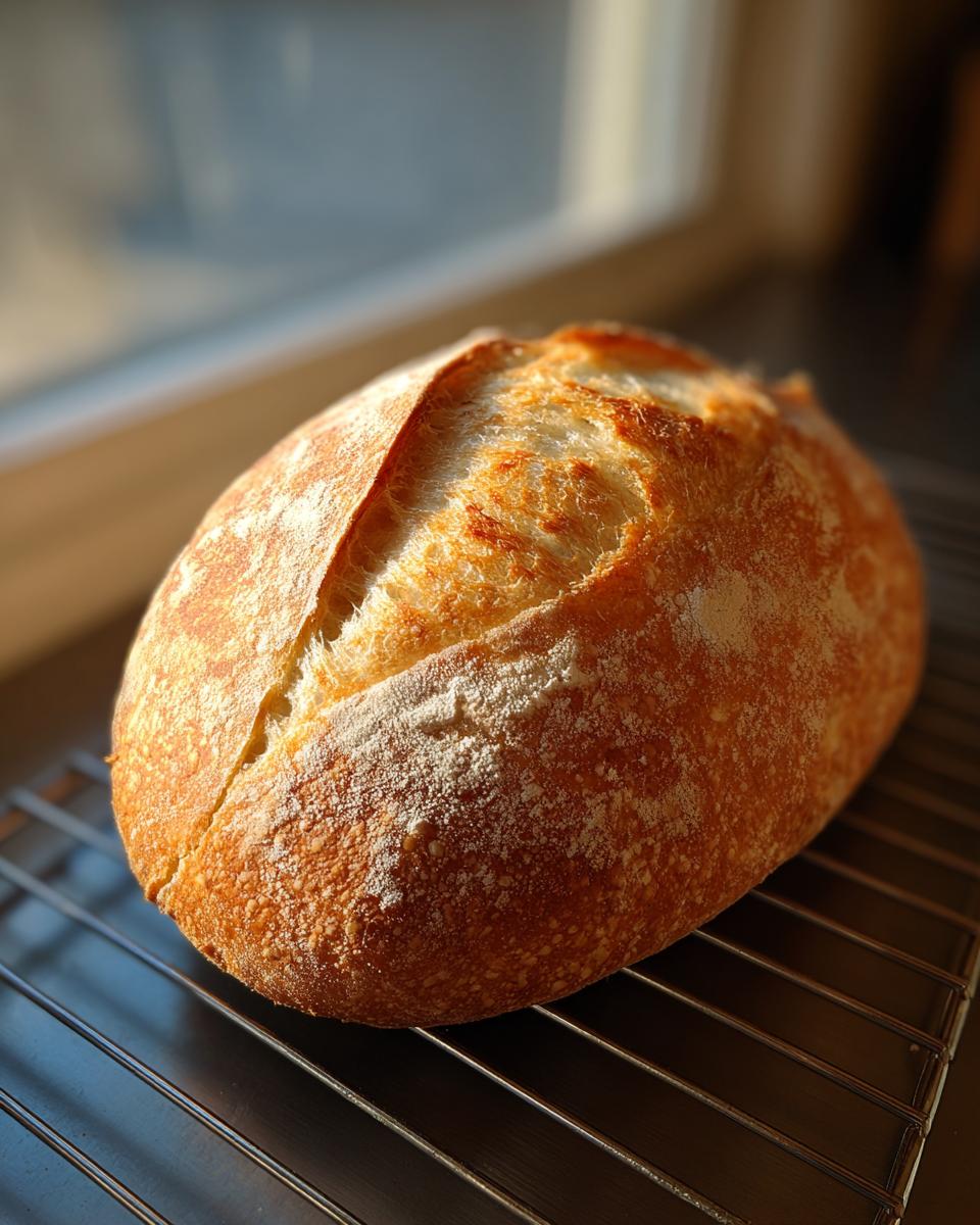 A golden-brown, oval loaf of homemade french bread with a crisp, scored crust resting on a wire cooling rack.