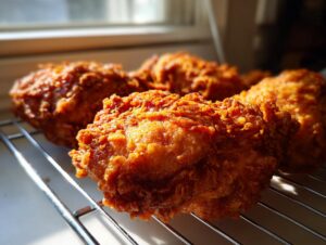 Close-up of several pieces of golden brown, crispy fried chicken resting on a metal cooling rack.