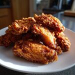 A close-up of a pile of golden-brown, crispy fried chicken wings served on a white plate.