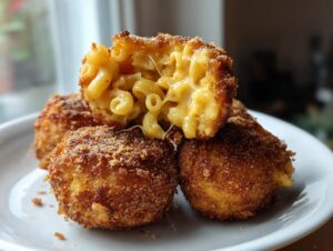 Close-up of fried mac and cheese balls, one cut open showing gooey macaroni and cheese inside.