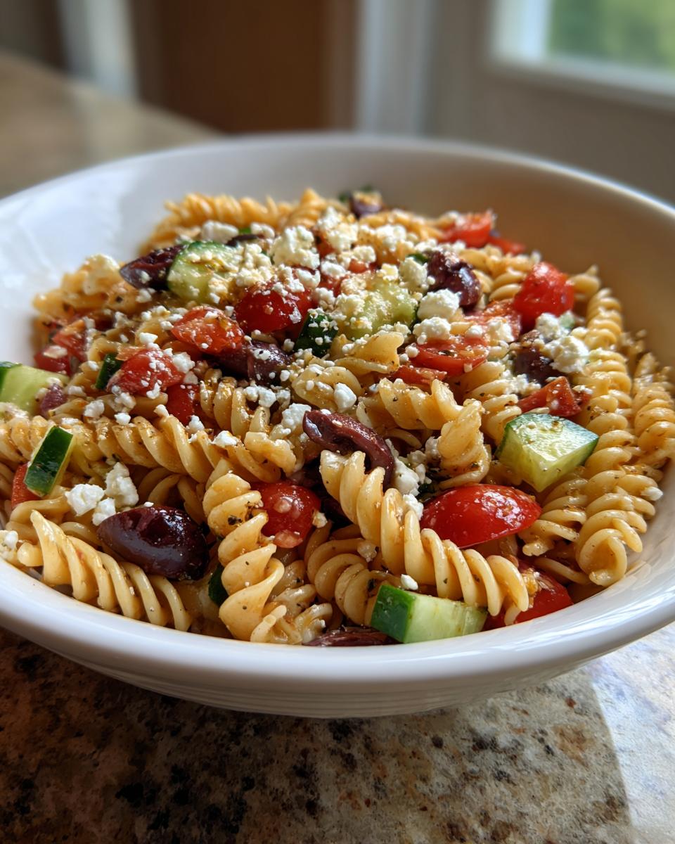 A close-up view of a white bowl filled with amazing greek pasta salad featuring rotini pasta, cucumbers, tomatoes, olives, and feta cheese.
