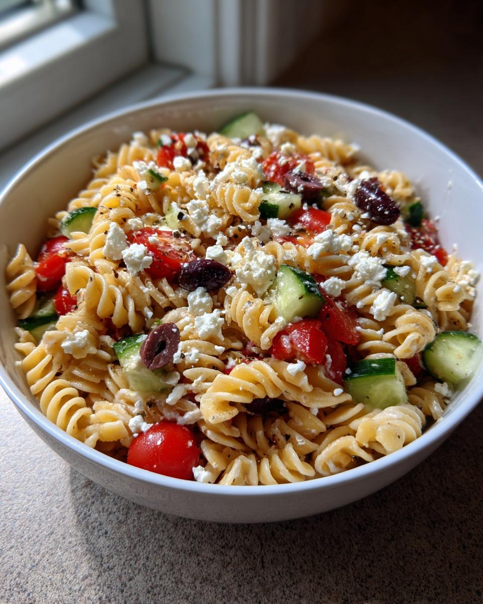 A close-up of amazing greek pasta salad featuring fusilli pasta, cucumbers, tomatoes, feta cheese, and olives.