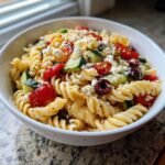 Close-up of a white bowl filled with amazing greek pasta salad featuring rotini, cucumbers, tomatoes, olives, and feta cheese.