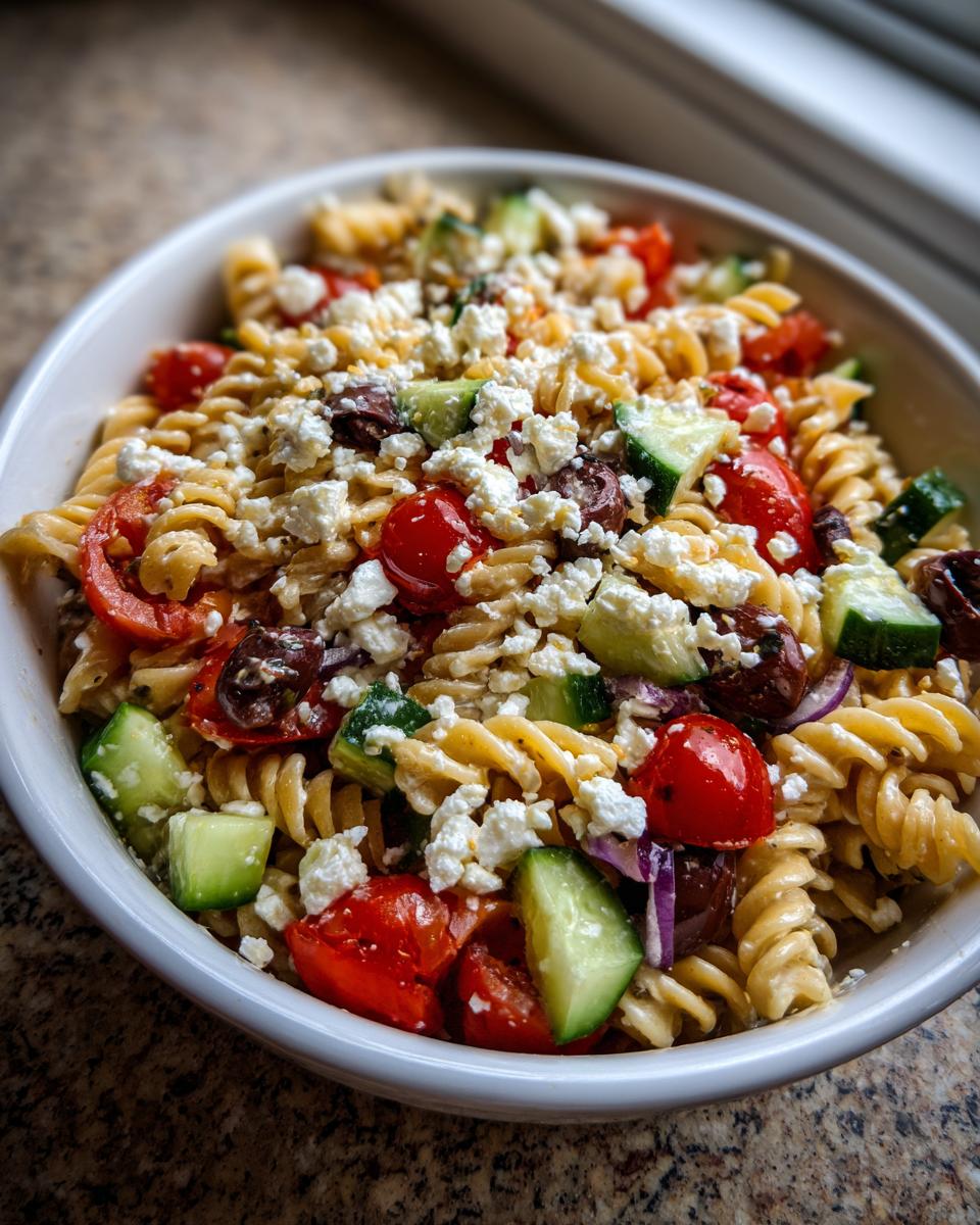 A close-up view of a vibrant greek pasta salad featuring rotini pasta, cherry tomatoes, cucumbers, olives, and feta cheese.