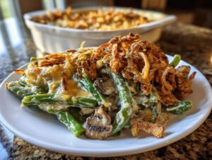 A close-up serving of creamy green bean casserole topped generously with crispy fried onions.