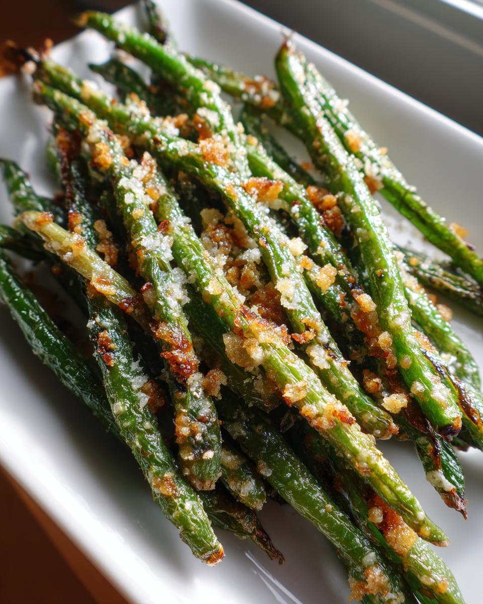 Close-up of bright green beans topped with crispy breadcrumbs and Parmesan cheese.