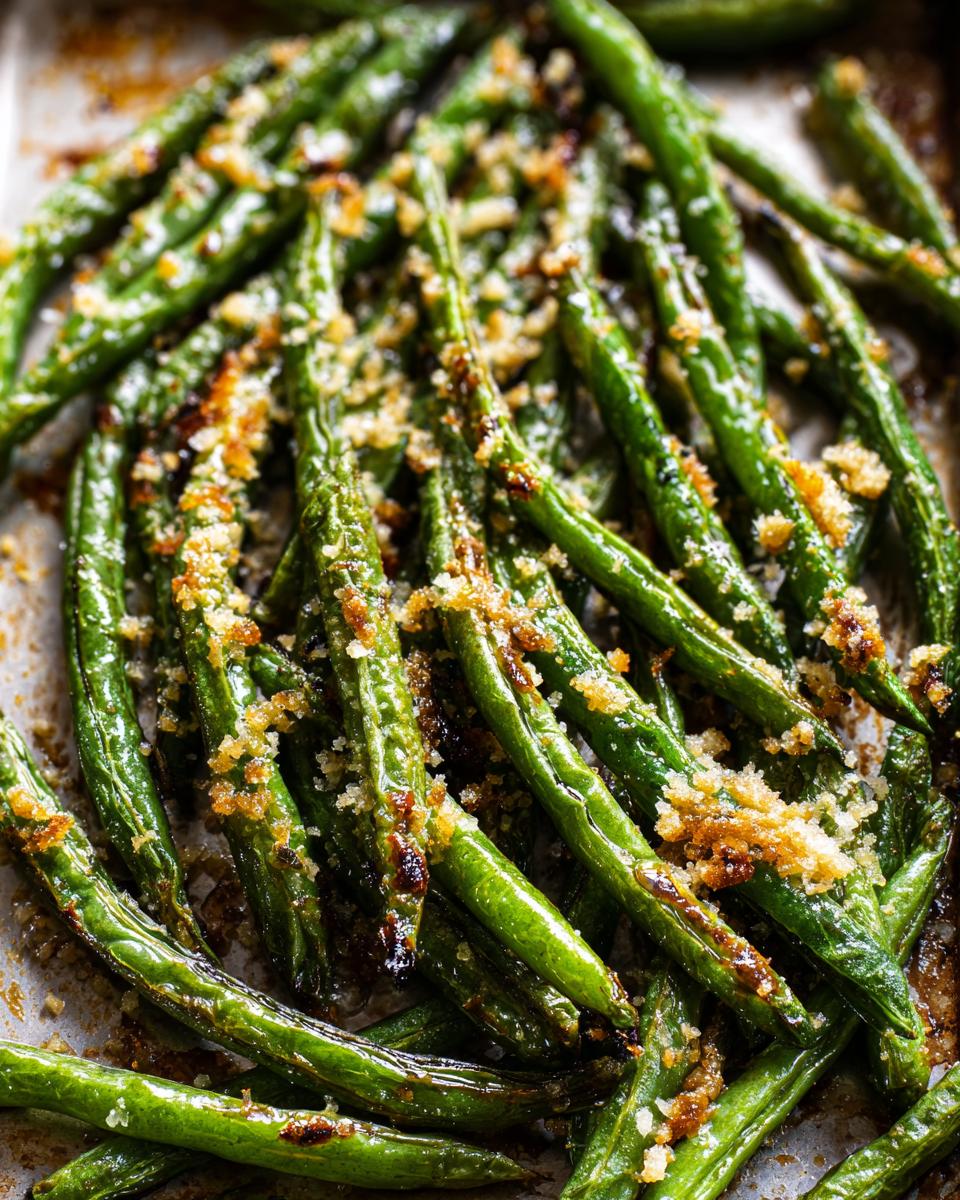 Close-up of roasted, vibrant green beans topped with golden, crispy breadcrumbs.