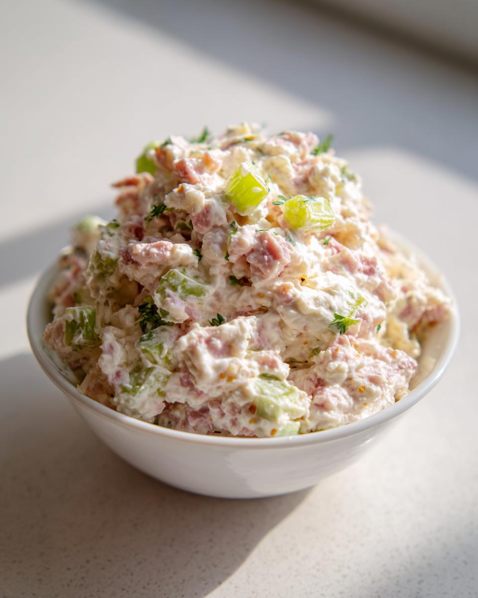 A white bowl filled high with creamy ham salad, featuring chunks of pink ham and bright green celery.