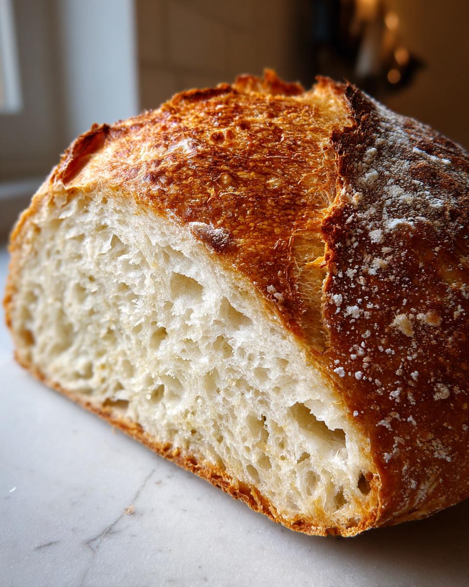 Close-up of the airy crumb and golden, crusty exterior of the amazing Italian bread loaf.