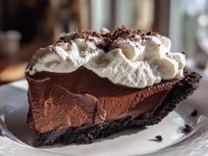 A rich, thick slice of chocolate mud pie with a dark crust, topped with fluffy whipped cream and chocolate shavings.
