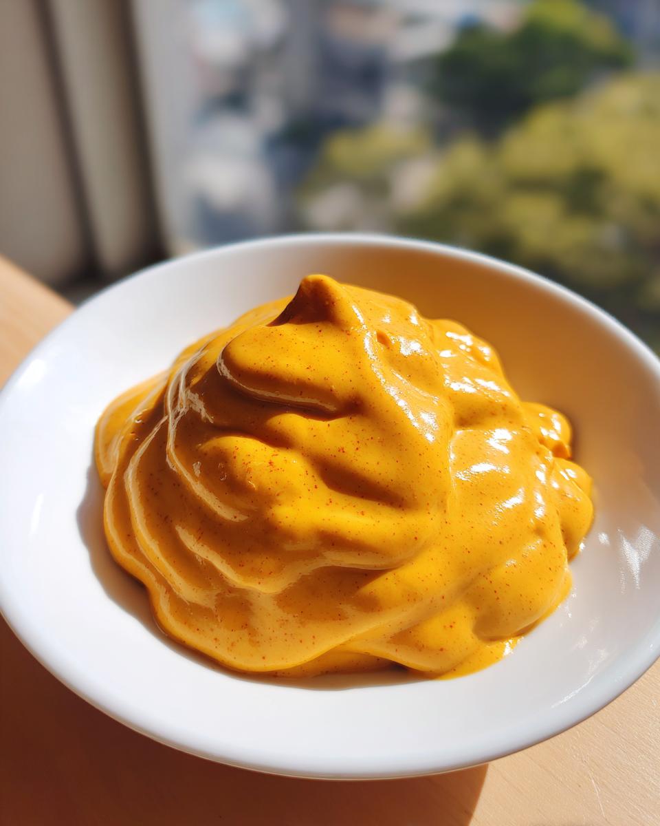 A close-up of thick, vibrant orange-yellow nacho cheese sauce piled high in a small white bowl.