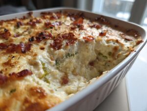 Close-up of hot, creamy bacon popper dip with melted cheese and green peppers in a white baking dish.