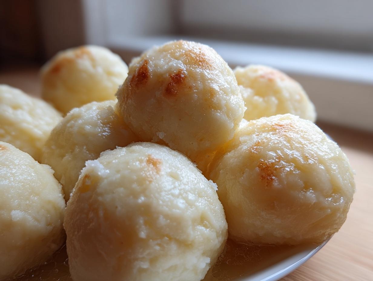 Close-up of several golden-brown potato dumplings piled on a white plate, glistening with butter.
