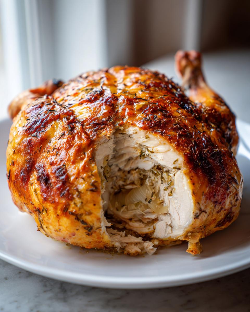 A perfectly roasted whole chicken with golden-brown, herbed skin, showing a section carved out to reveal moist white meat and onion stuffing.