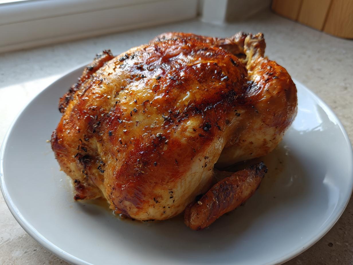 A whole, perfectly roasted chicken with golden-brown, glazed skin seasoned with herbs, resting on a white plate.
