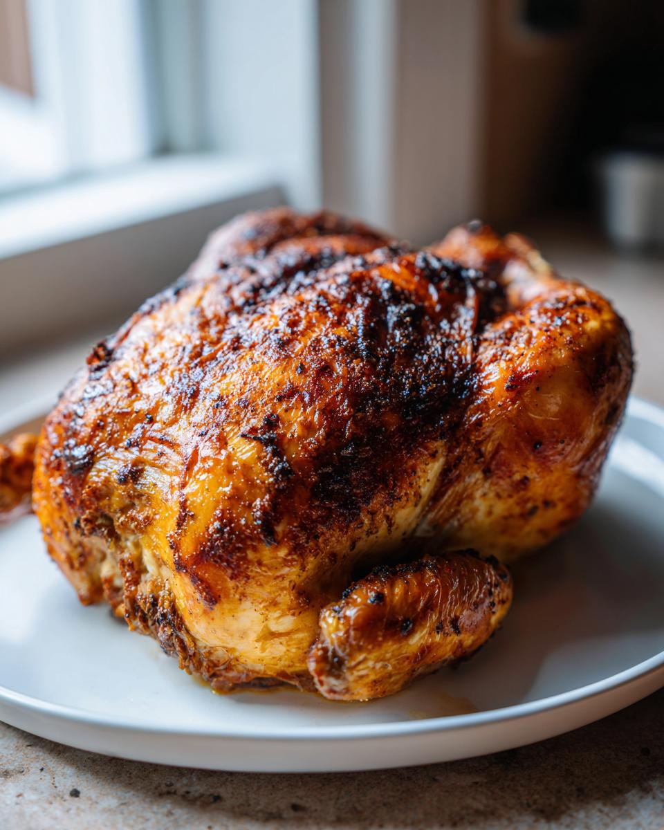 A whole roasted chicken with deeply browned, crispy skin resting on a white plate.