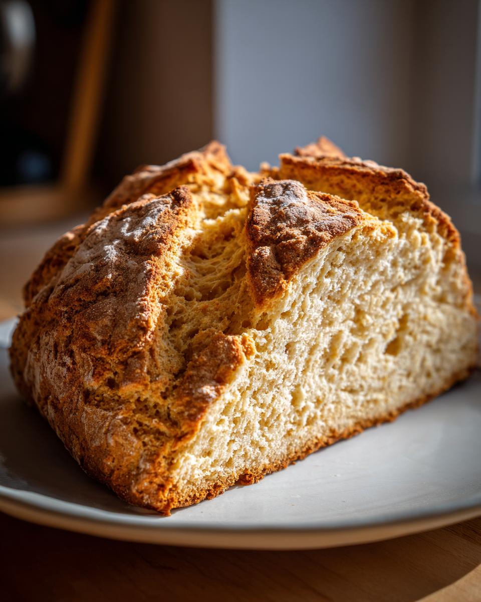 A rustic, golden-brown loaf of homemade soda bread, cut to show the soft interior crumb.