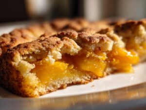 Close-up of a serving of amazing southern peach cobbler showing juicy, bright orange peach filling beneath a crumbly, golden-brown topping.