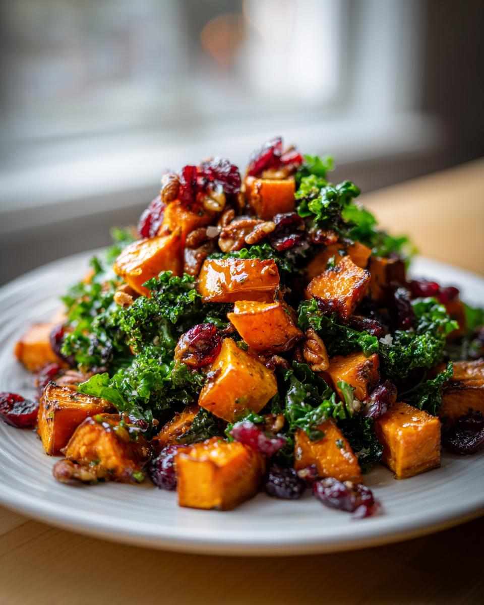 A vibrant mound of sweet potato salad featuring roasted orange sweet potato cubes, dark green kale, dried cranberries, and pecans on a white plate.