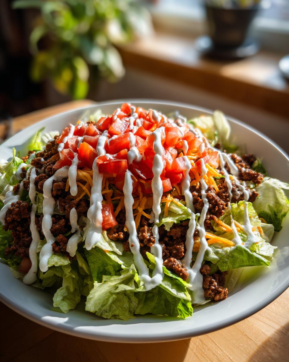 A vibrant, fully loaded taco salad featuring lettuce, seasoned ground beef, tomatoes, cheese, and a generous drizzle of white dressing.