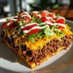 A square slice of layered taco salad featuring seasoned ground beef, cheese, lettuce, tomatoes, and a sour cream drizzle.