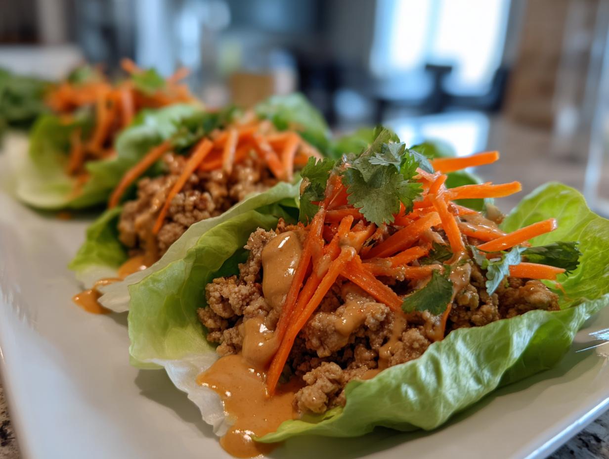 Close-up of delicious thai chicken lettuce wraps filled with ground meat, topped with shredded carrots and peanut sauce.