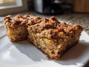 Two square slices of apple baked oatmeal with a thick, golden-brown crumb topping served on a white plate.