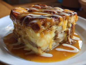 Close-up of a rich slice of apple bread pudding topped with caramel and vanilla drizzle.
