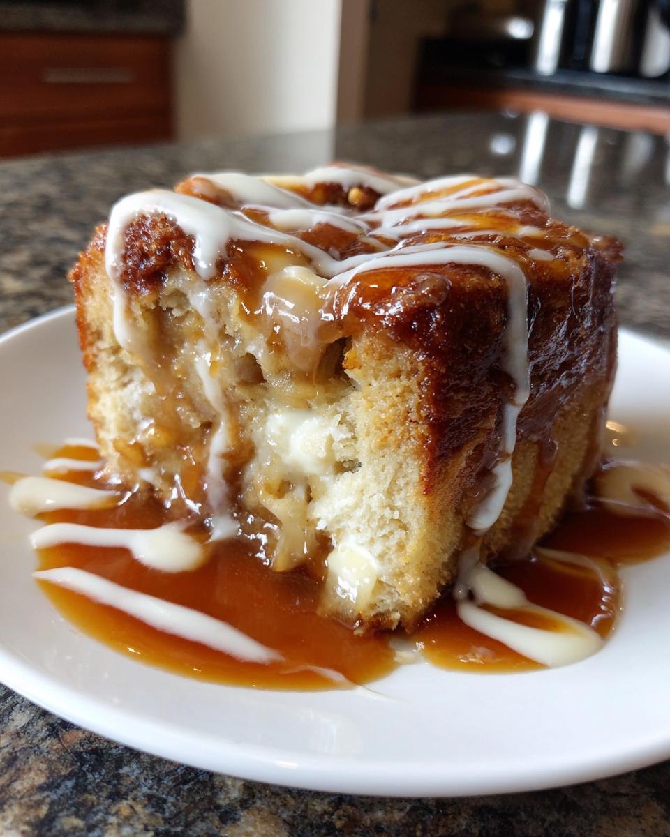 A close-up of a rich slice of apple bread pudding topped with caramel sauce and vanilla icing.