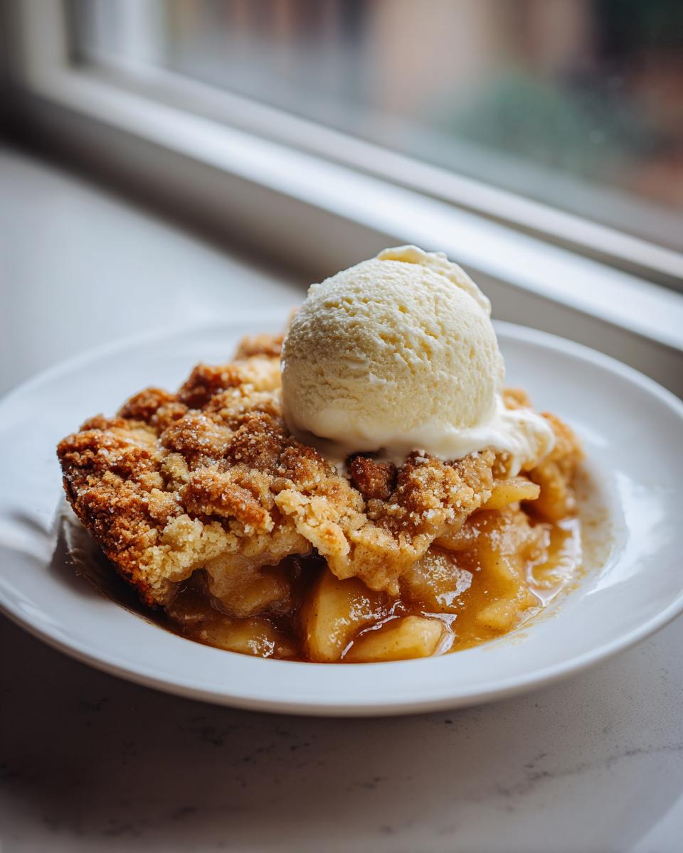 A warm slice of homemade apple cobbler topped with a melting scoop of vanilla ice cream.
