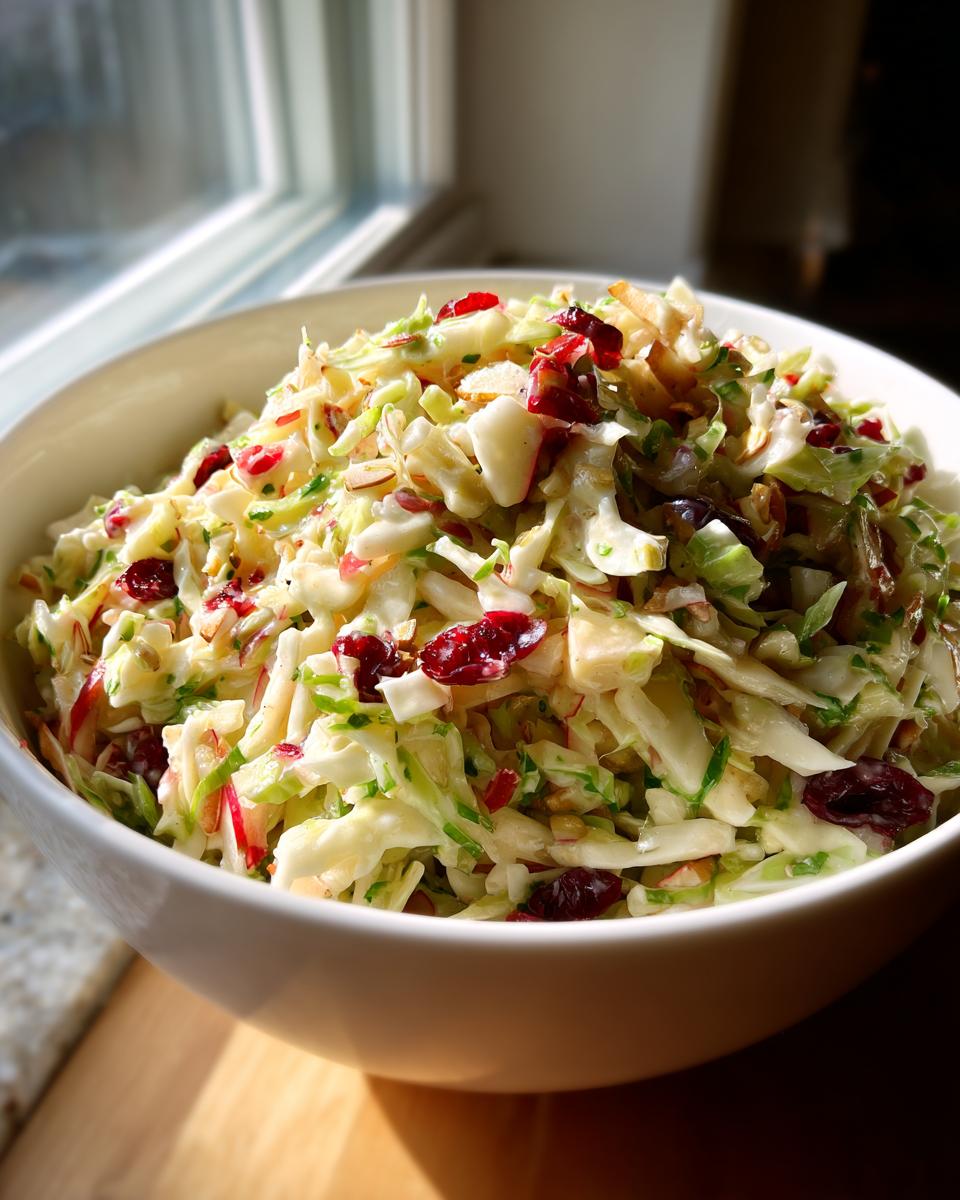 A large white bowl filled with creamy apple cranberry coleslaw, featuring shredded cabbage, apples, and dried cranberries.