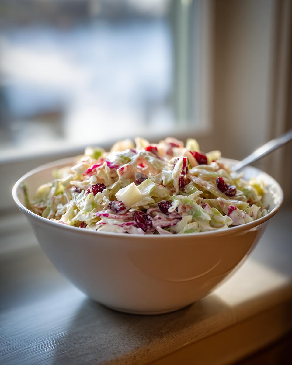 A white bowl filled with creamy apple cranberry coleslaw, featuring shredded cabbage, apples, and dried cranberries.