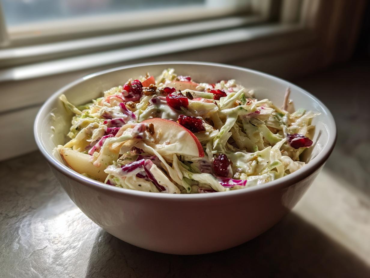 A bowl filled with creamy apple cranberry coleslaw featuring shredded cabbage, apple slices, and dried cranberries.