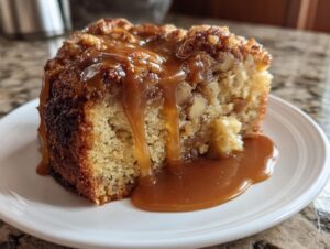 Close-up of a moist slice of apple dapple cake topped with a rich caramel sauce dripping down the sides.