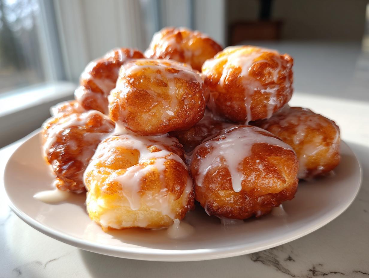 A stack of golden brown apple fritter bites generously drizzled with white vanilla glaze, served on a white plate.