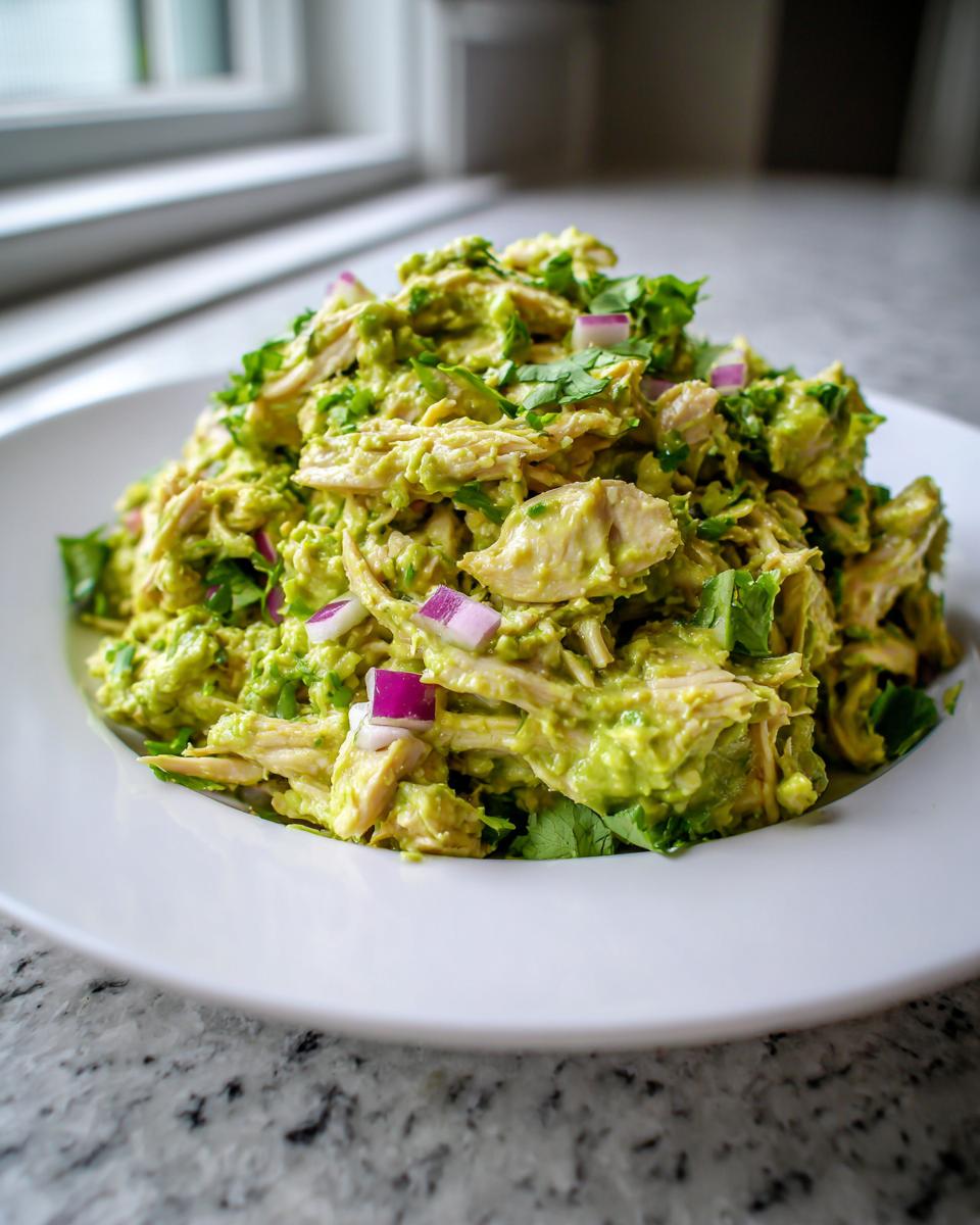 A heaping mound of creamy avocado chicken salad mixed with cilantro and topped with diced red onion.