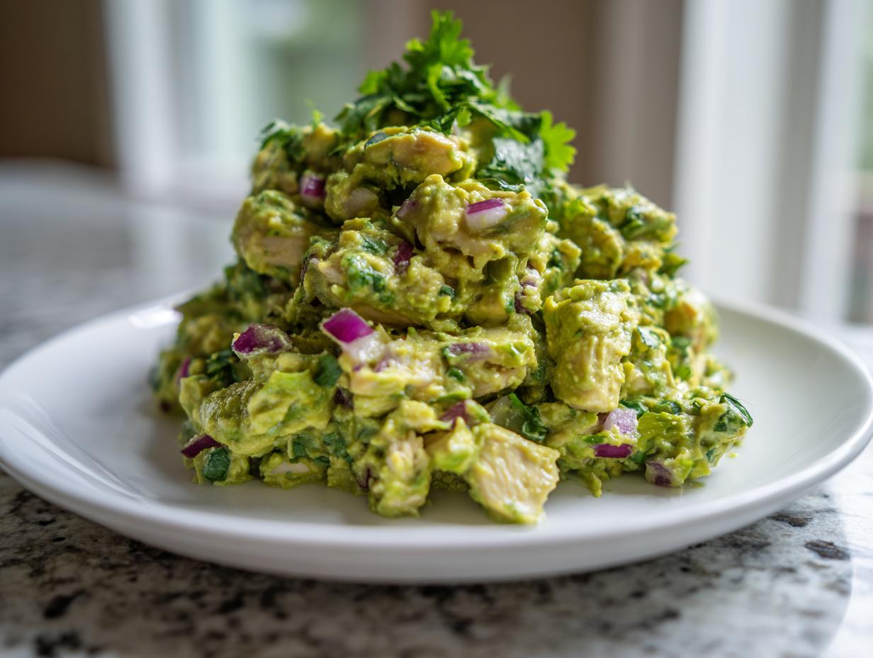 A generous mound of creamy avocado chicken salad mixed with red onion, served on a white plate.