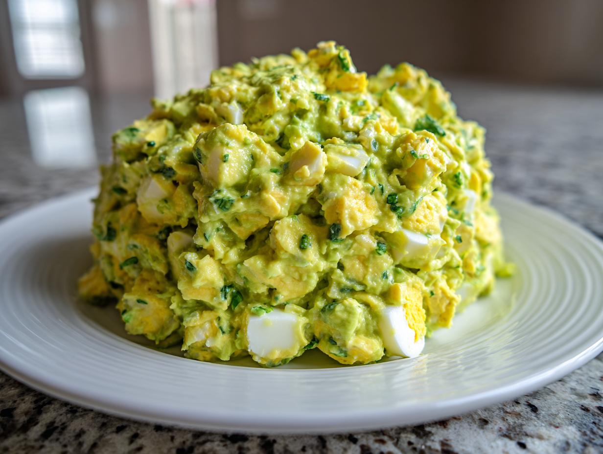 A generous mound of creamy avocado egg salad featuring chunks of hard-boiled eggs and green herbs, served on a white plate.