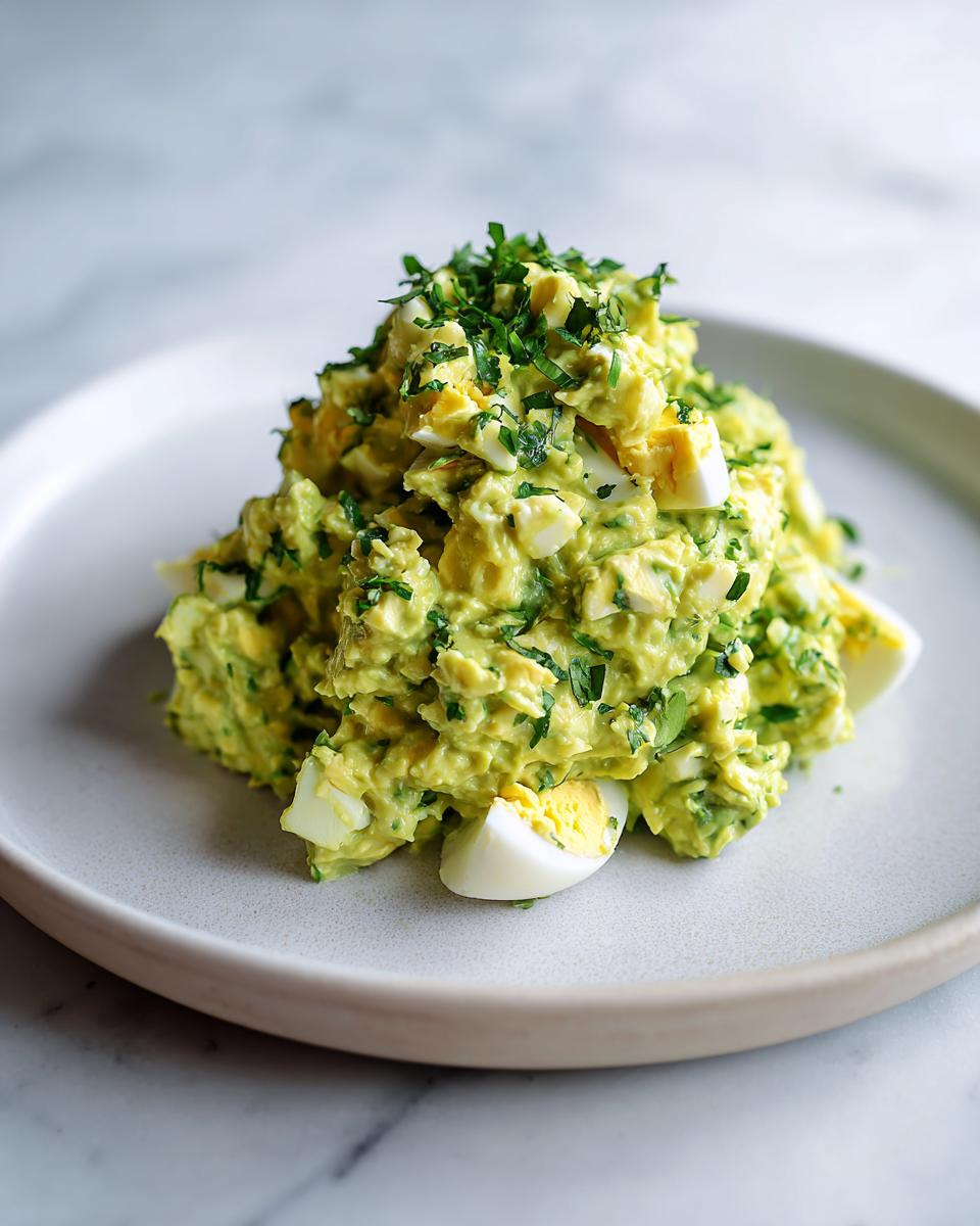 A mound of bright green avocado egg salad mixed with chopped hard-boiled eggs and topped with fresh parsley.