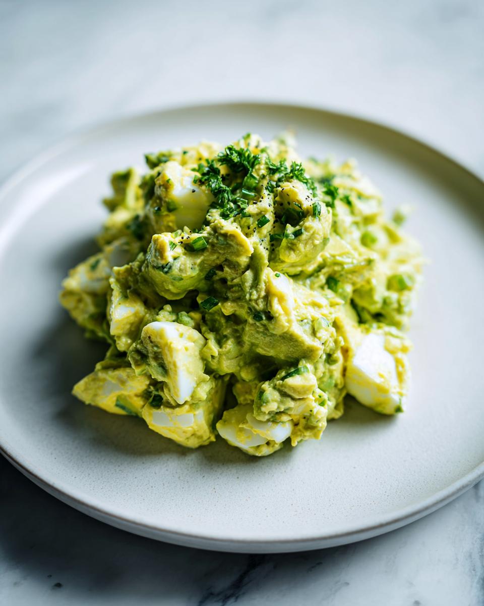 A mound of creamy avocado egg salad with visible chunks of egg white, garnished with fresh green herbs.