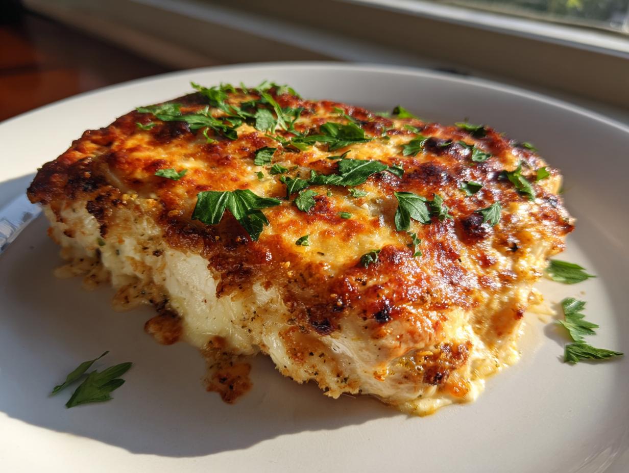 A close-up of a baked caesar chicken portion, topped with melted, browned cheese and fresh parsley.